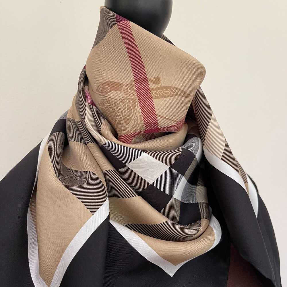 NWT Unisex Burberry Scarf Beige Check Black Border Silk Wrap